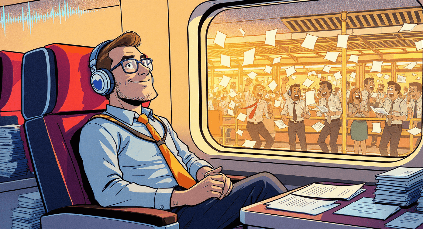Comic book style confident consultant learning on train while others panic with documents - representing preparation advantage using NotebookLM audio overviews during commute