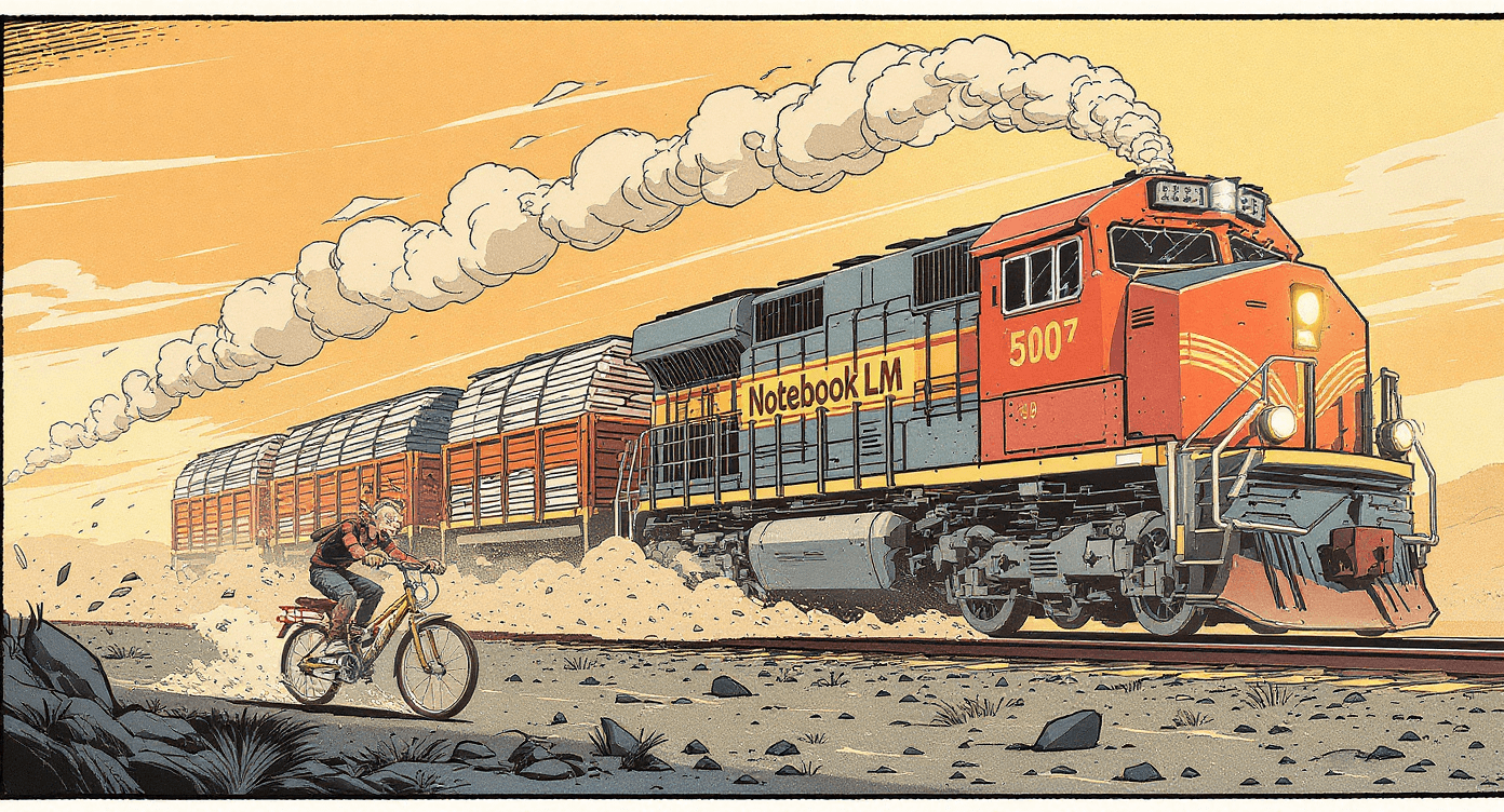Comic book style small moped struggling to keep up with massive freight train - comparing manual document reading speed versus NotebookLM AI processing power