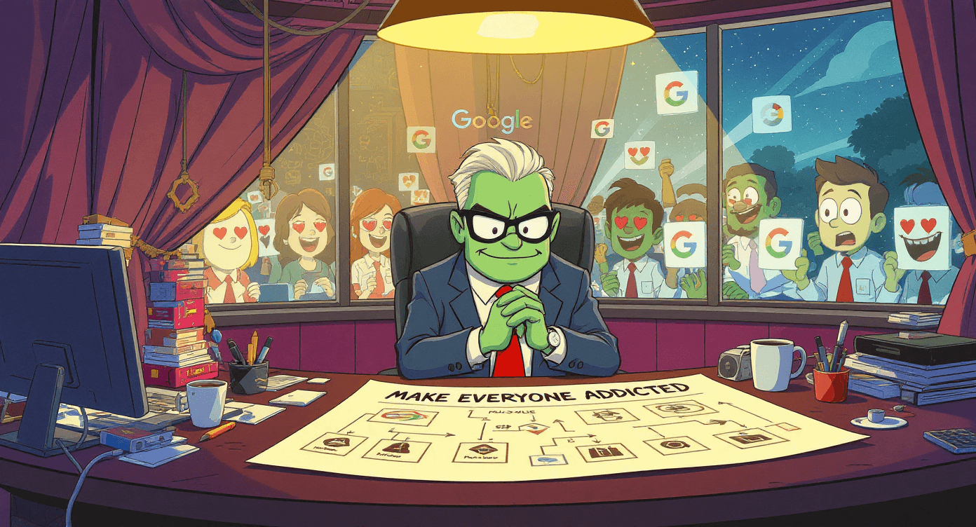 Comic book style Google character revealing addiction master plan while users happily use services - representing honest explanation of free service business model behind NotebookLM