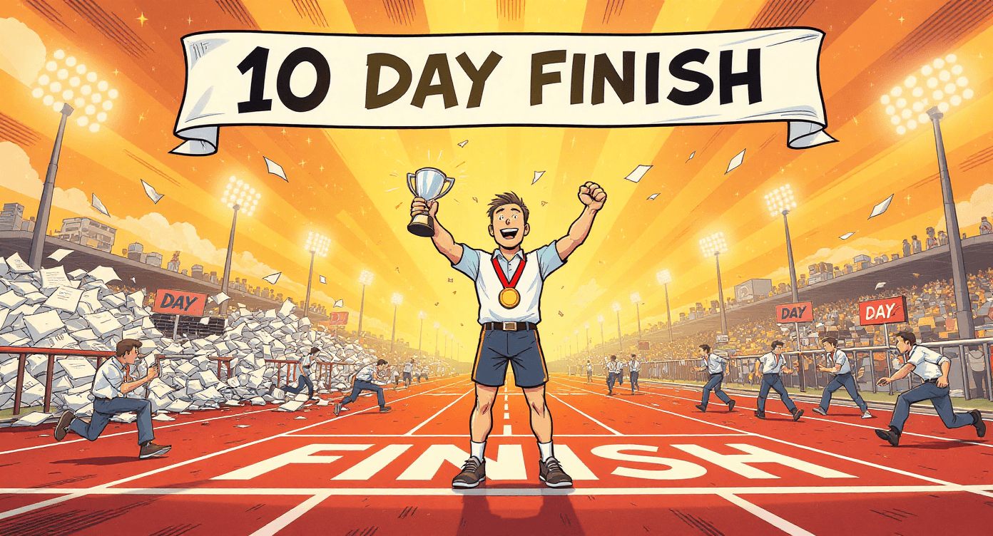 Comic book style person completing 10-day document mastery challenge while competitors still struggle at starting line - representing achievable NotebookLM learning timeline for business success