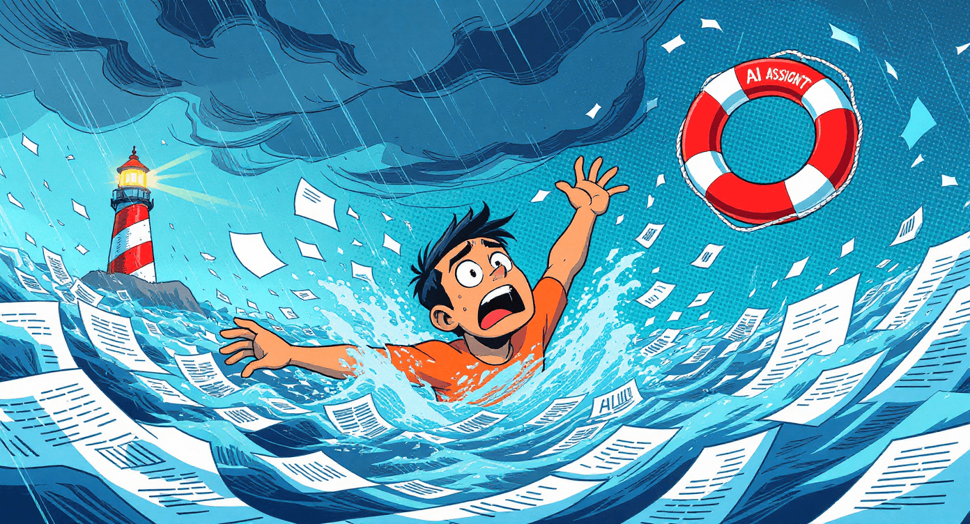 Comic book style person drowning in sea of documents being rescued by AI life preserver - representing relief from information overload using NotebookLM assistance