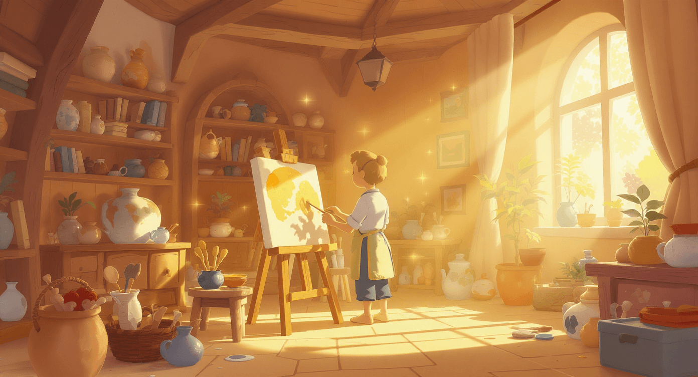 Creative design process - cartoon artist creating professional quality content with design tools