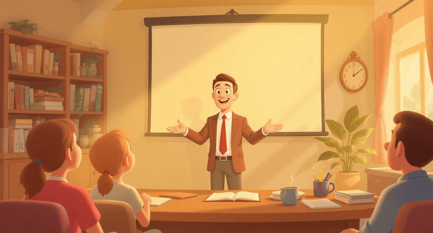 Professional presentation to team - cartoon showing business consultant delivering client presentation