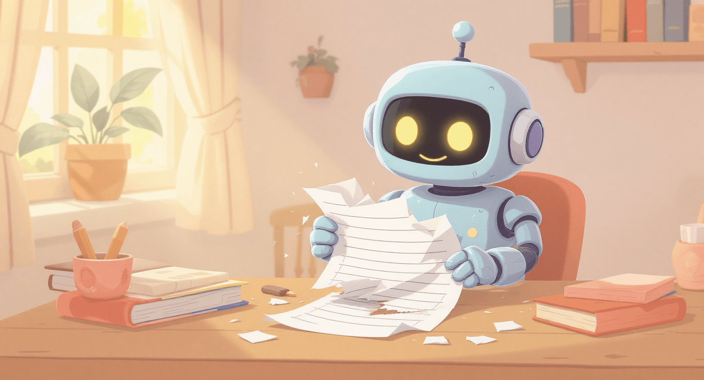 Cartoon robot cheerfully ripping up homework paper at a desk in a cozy room, playful and lighthearted scene.