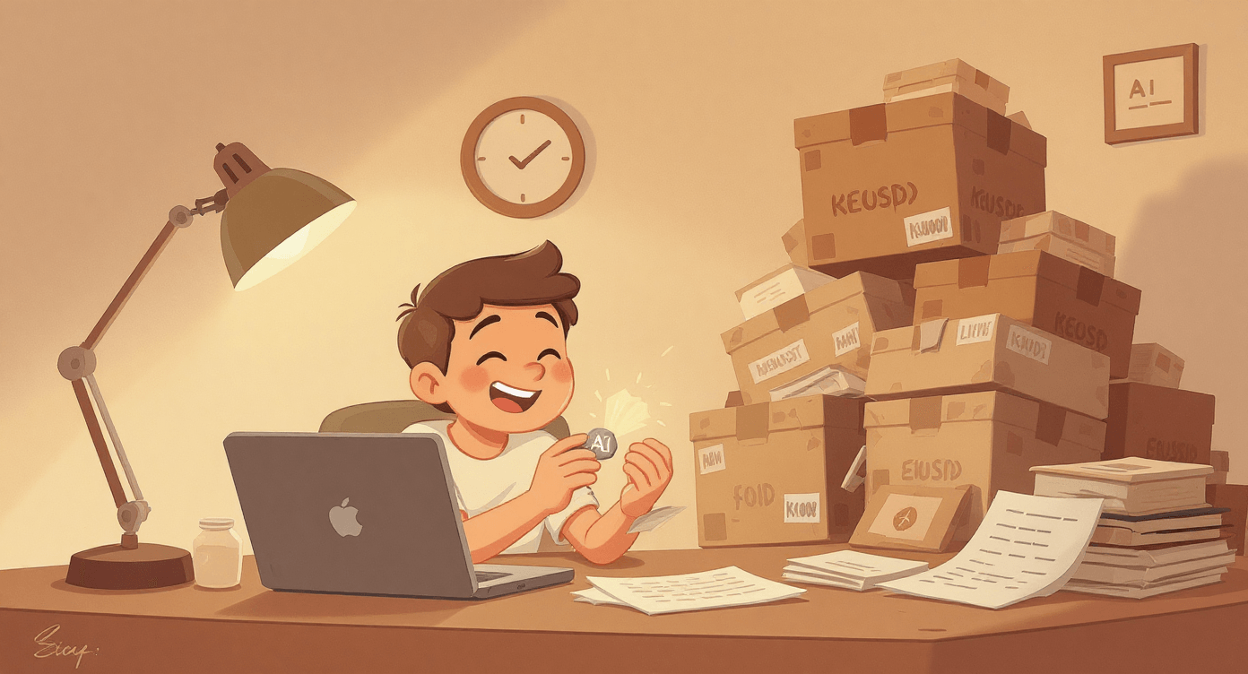 Cartoon of a happy person using one AI tool at a desk while a pile of unused subscription boxes wobbles in the background. The scene is bright, funny, and warm, showing the message that using fewer tools is better.