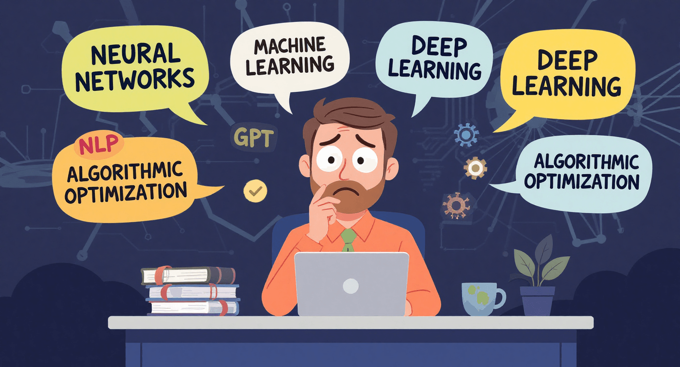 Split cartoon illustration showing an overwhelmed entrepreneur surrounded by confusing AI jargon buzzwords on the left, transformed into a confident person understanding simple AI concepts on the right, representing the journey from tech confusion to practical AI clarity.