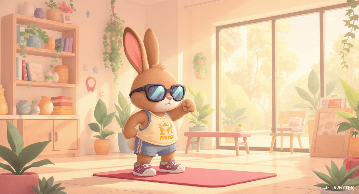Cartoon bunny using Rytr in a fitness studio — showing how AI collaboration tools help content creators and fitness businesses write faster.