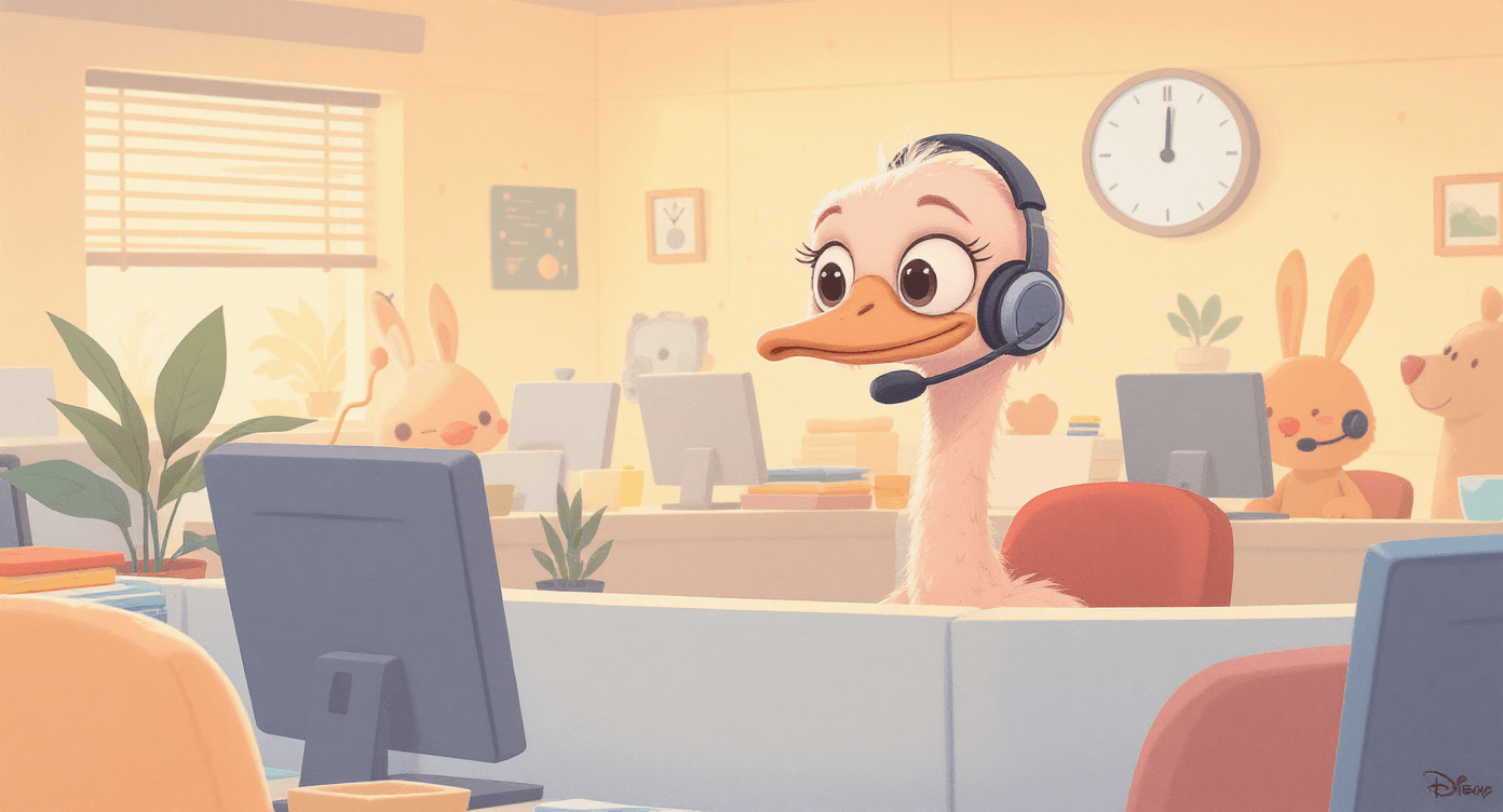 Cartoon ostrich working in a call centre — representing how AI collaboration tools automate emails and save time on repetitive communication.