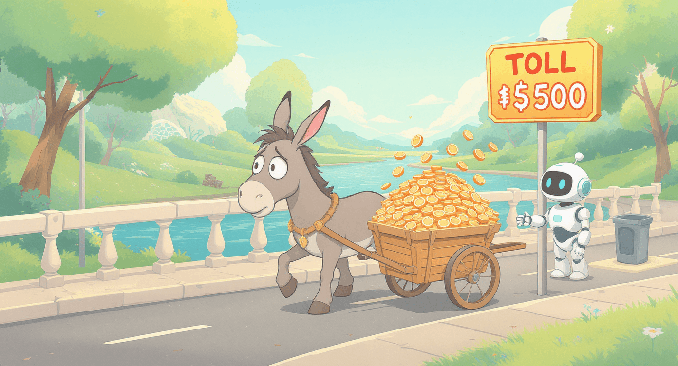 Warm cartoon donkey with small savings cart stopping at expensive AI toll bridge, representing small businesses questioning affordability, humorous illustration in cosy pastel colours