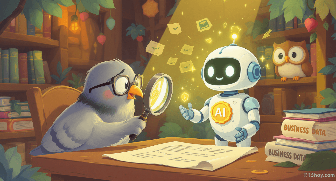 Cartoon owl carefully inspecting AI robot’s trust badge, symbolising AI collaboration built on secure and trustworthy tools for business data protection