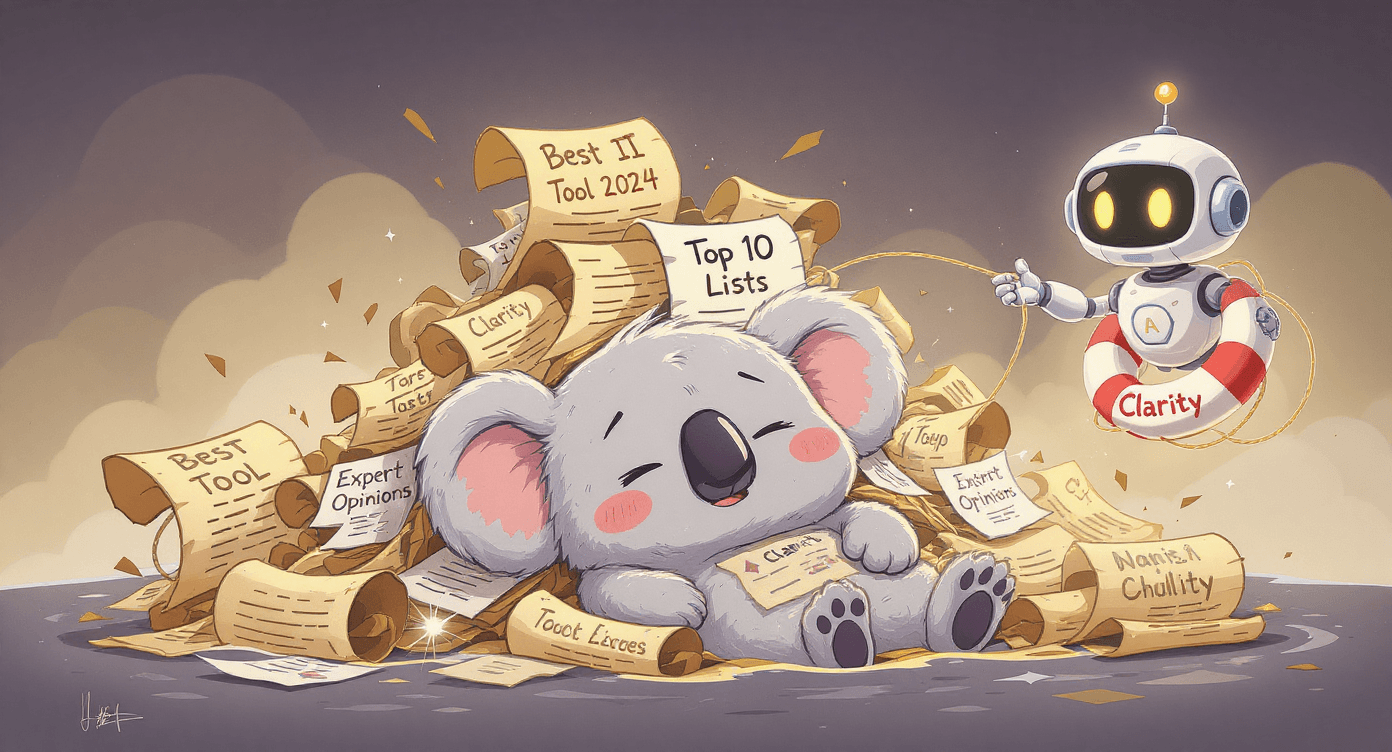 Cartoon koala overwhelmed by conflicting AI advice being rescued by friendly AI robot, representing AI collaboration bringing clarity and support