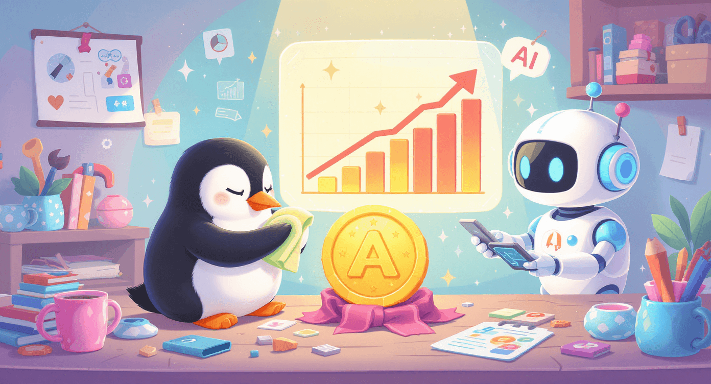 Cartoon penguin improving progress medal with help from AI robot upgrading tools, representing AI collaboration for ongoing improvement and optimisation