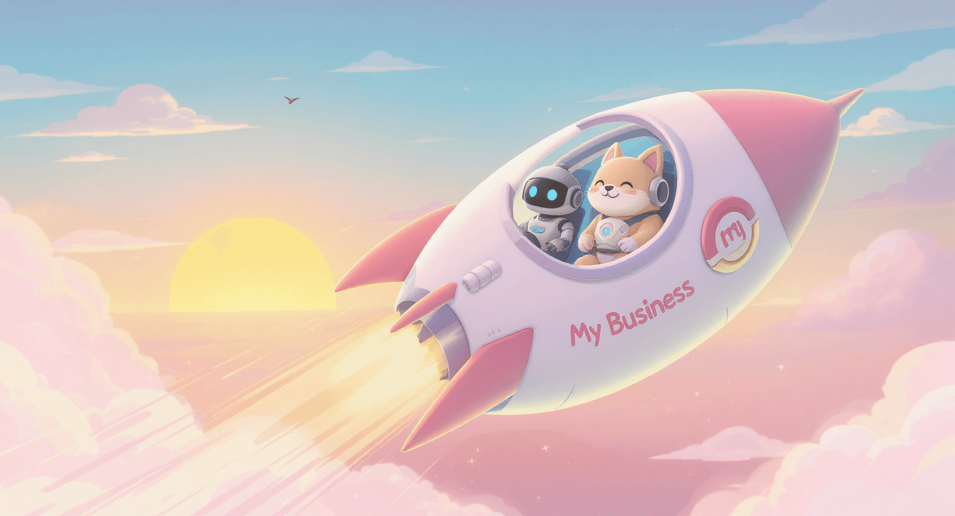 Cartoon entrepreneur co-piloting business rocket with AI robot, symbolising AI collaboration as a partnership to build a better future business
