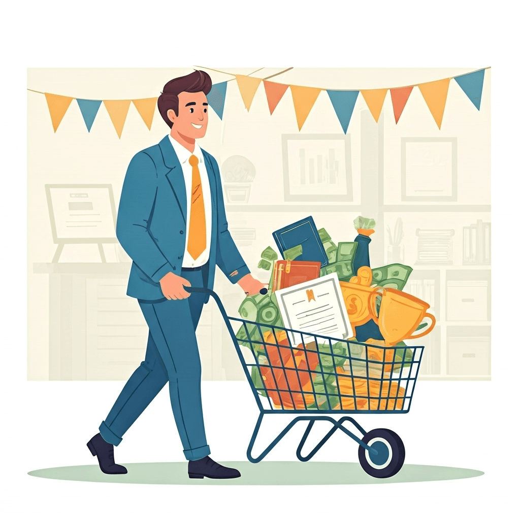 Business level AI tool investment - cartoon showing strategic spending on multiple specialised AI subscriptions