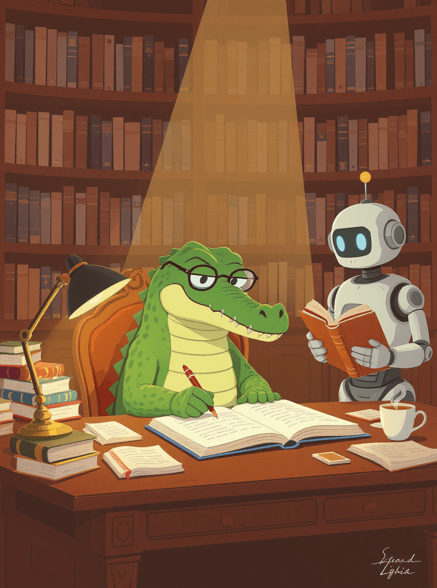 AI writing assistant helping content creator with research and information in library setting"