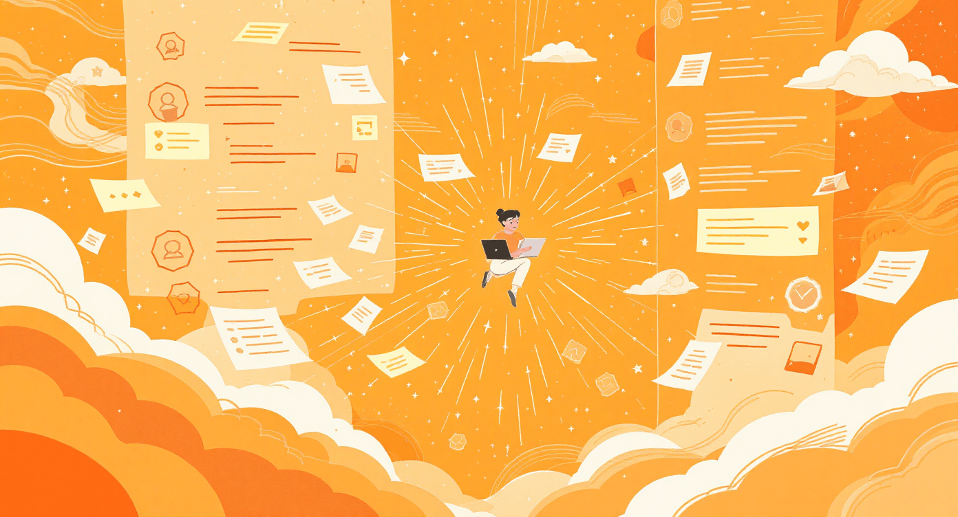 Retro cartoon freelancer adrift among endless chat windows symbolising ideas lost in overwhelming digital clutter