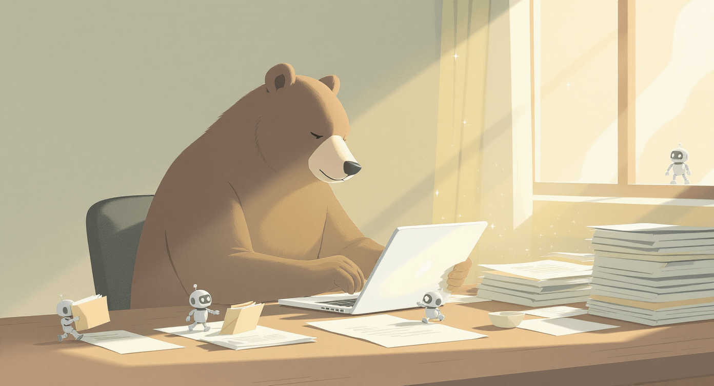 Retro cartoon freelancer calmly sorting glowing documents with robot assistants symbolising order and focus.