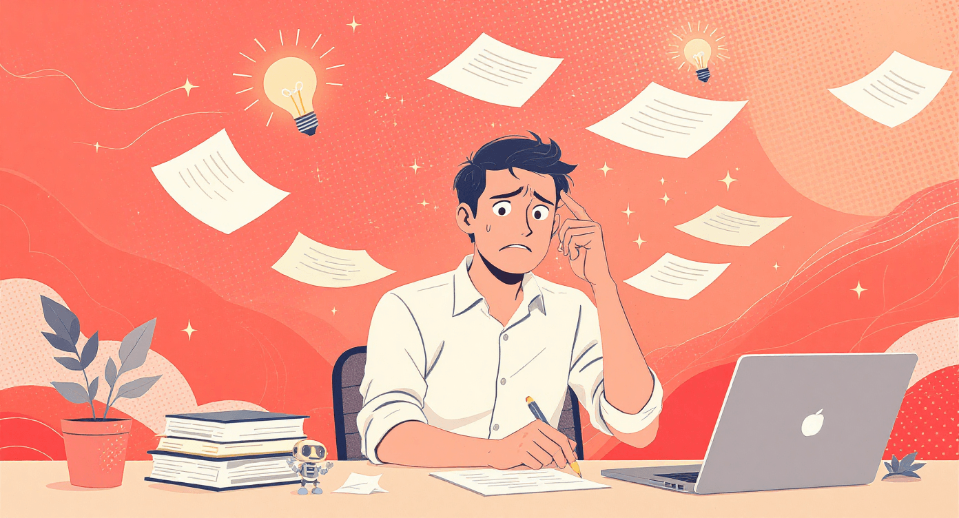 Retro cartoon person and robot surrounded by floating papers symbolising chaos of remembering work without system.