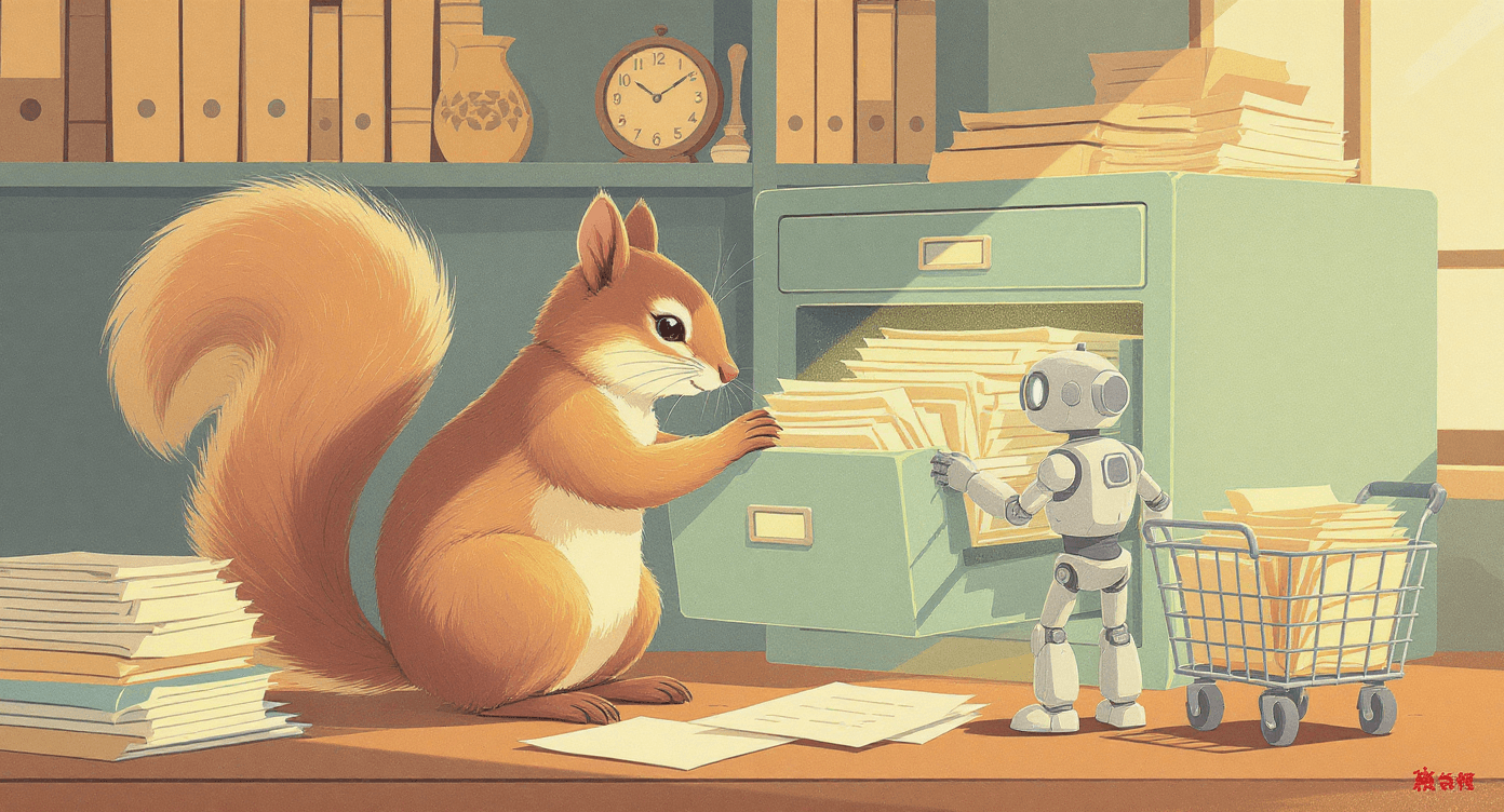 Retro cartoon squirrel and robot filing papers into neat cabinet symbolising organised reliable system.