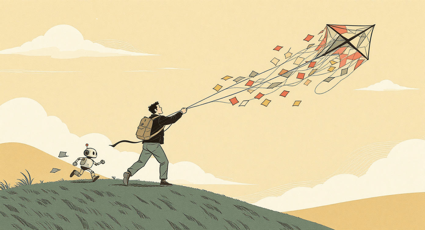 Retro cartoon person and robot losing sticky-note kite symbolising plans blown apart by disorganisation.