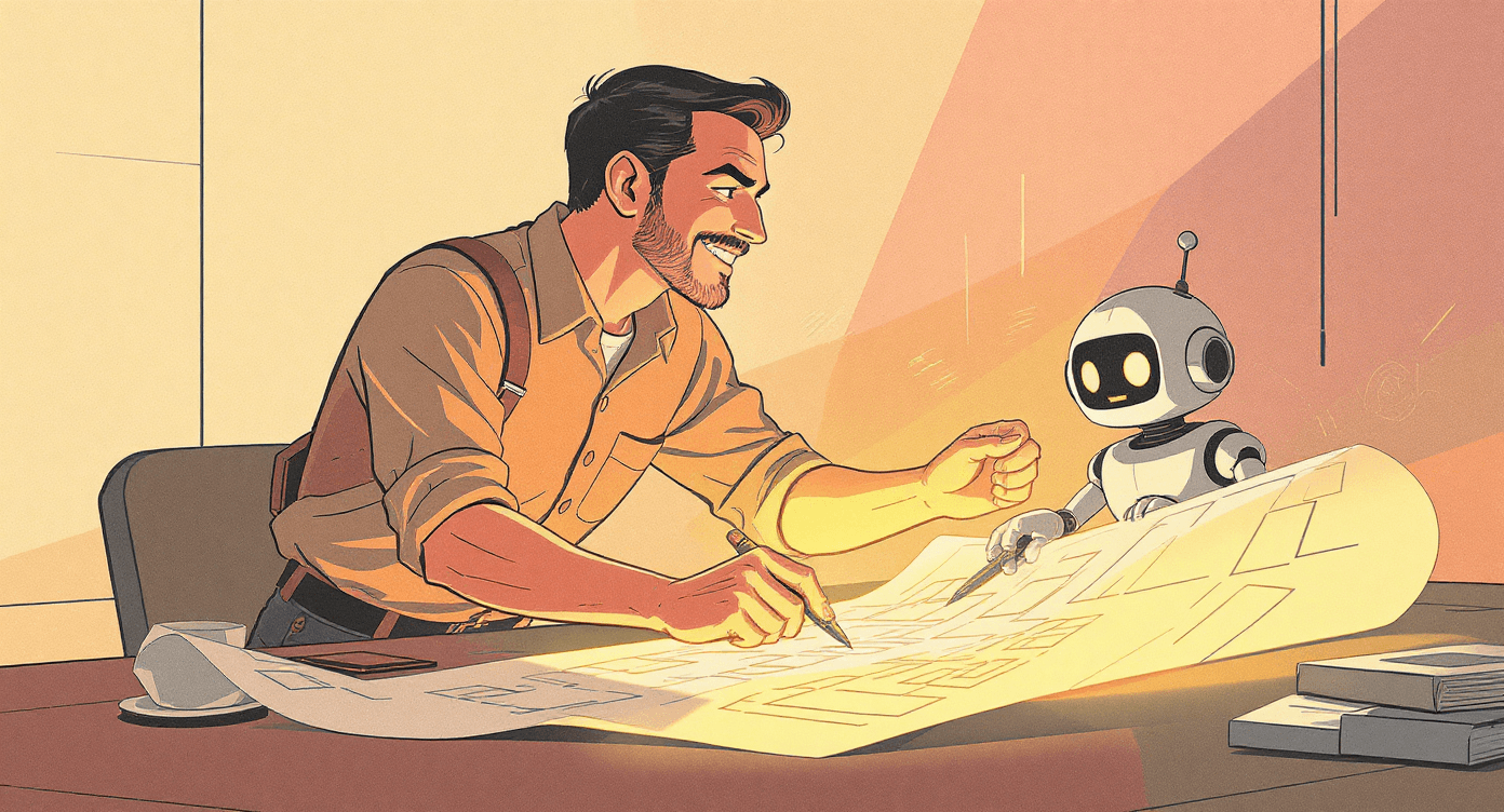 Retro cartoon person and robot reviewing glowing blueprint symbolising creation of clear structured system.