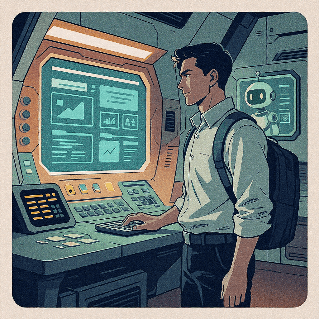 Retro cartoon person and robot in tidy control room symbolising mental clarity after building organised system.