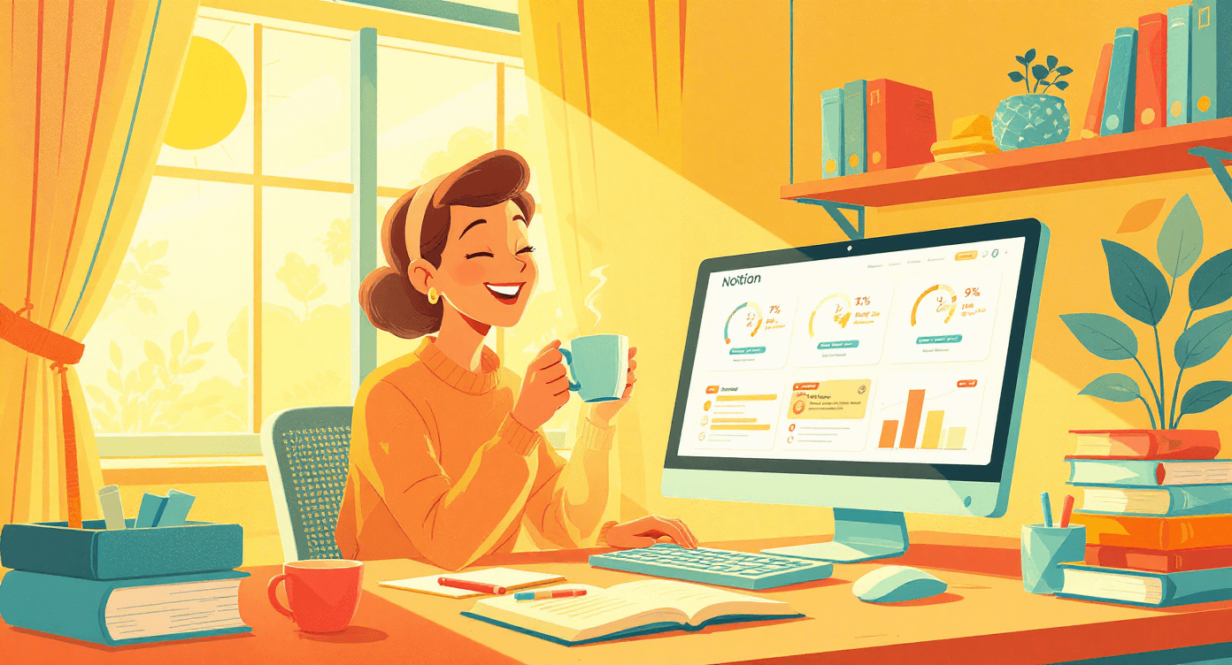 Retro cartoon person and robot in tidy control room symbolising mental clarity after building organised system.