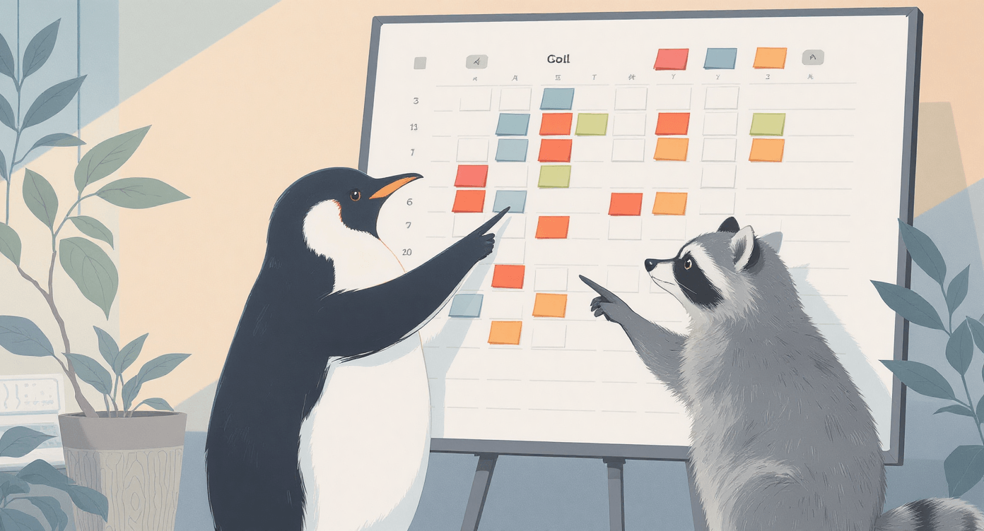 Retro cartoon penguin and raccoon arranging board symbolising organised project tracking.