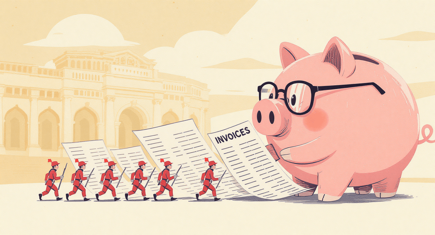 Retro cartoon pig reviewing invoices symbolising payment tracking.