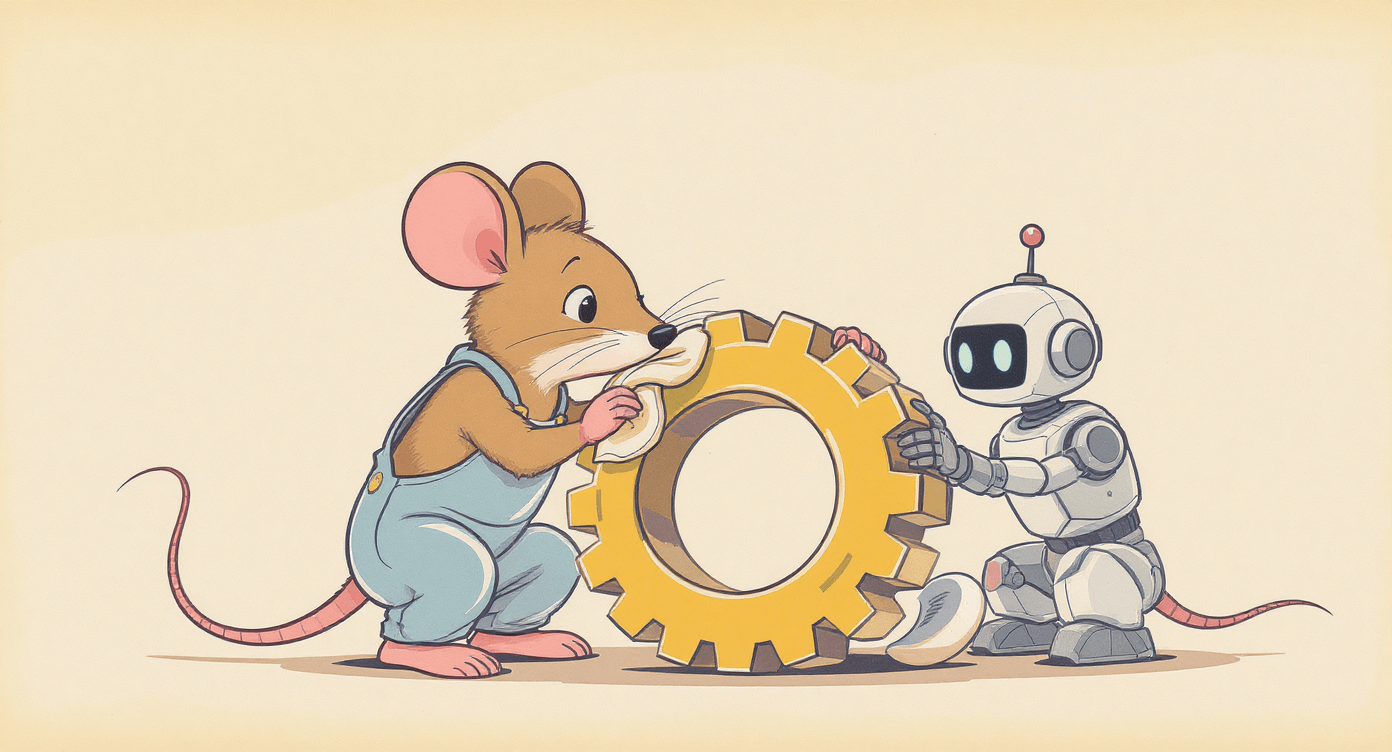 Retro cartoon mouse and robot cleaning gear symbolising smooth functioning tools.