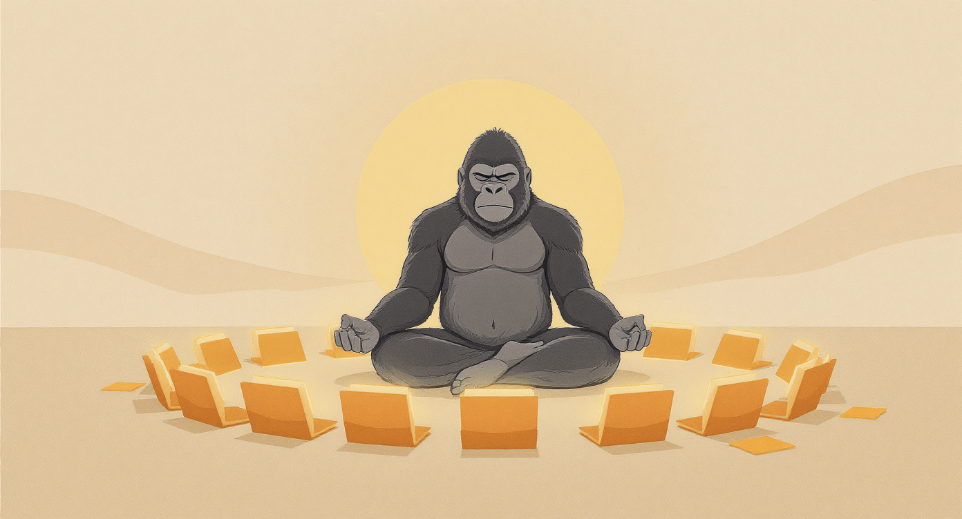 Retro cartoon fox meditating among files symbolising new calm order.