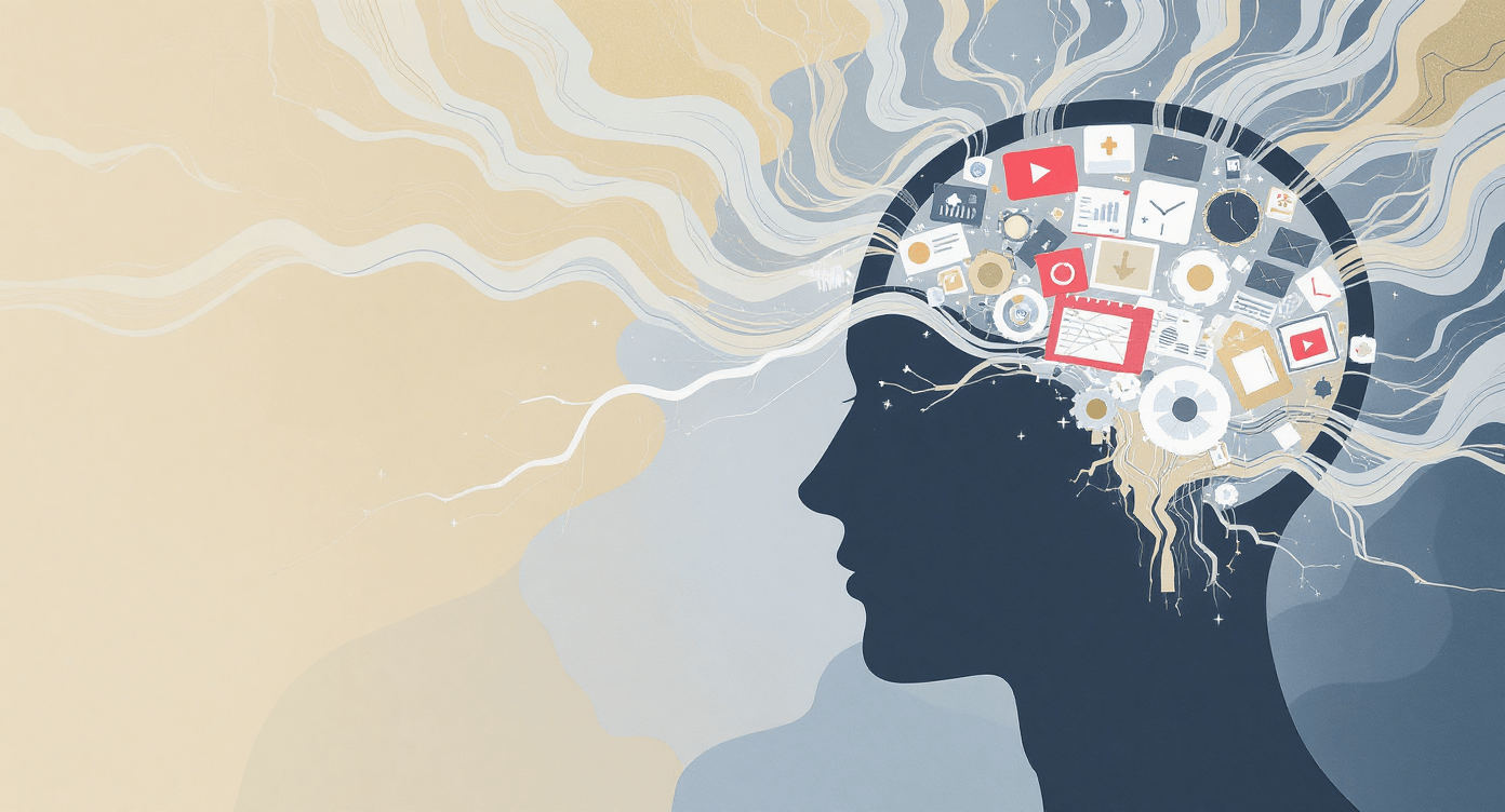 Retro cartoon person with neat icons in mind symbolising clarity.