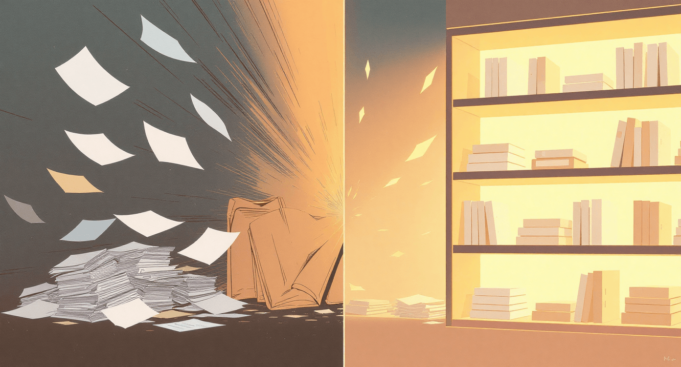 Retro cartoon before-and-after organised workspace symbolising transformation.