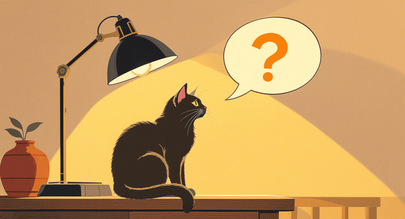 Retro cartoon cat thinking under light symbolising inquiry
