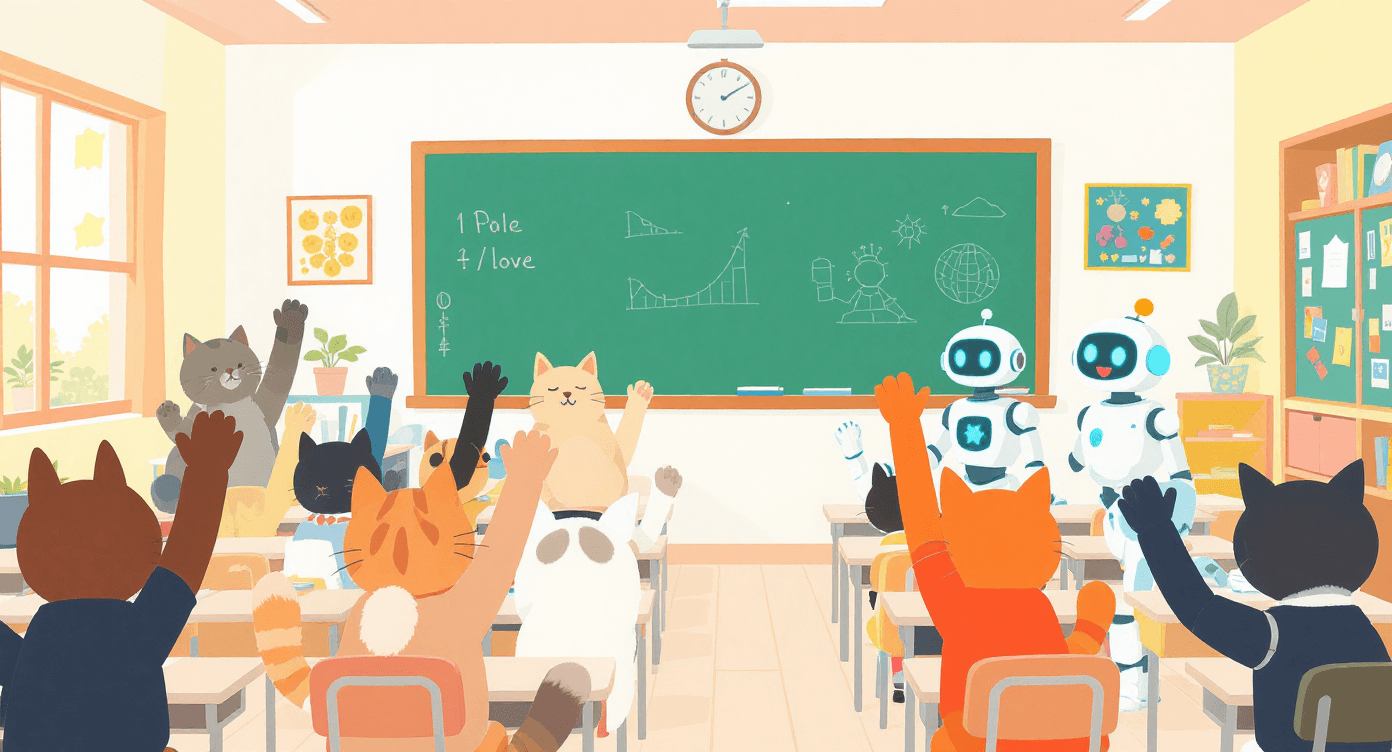 Retro cartoon group asking questions symbolising shared learning.