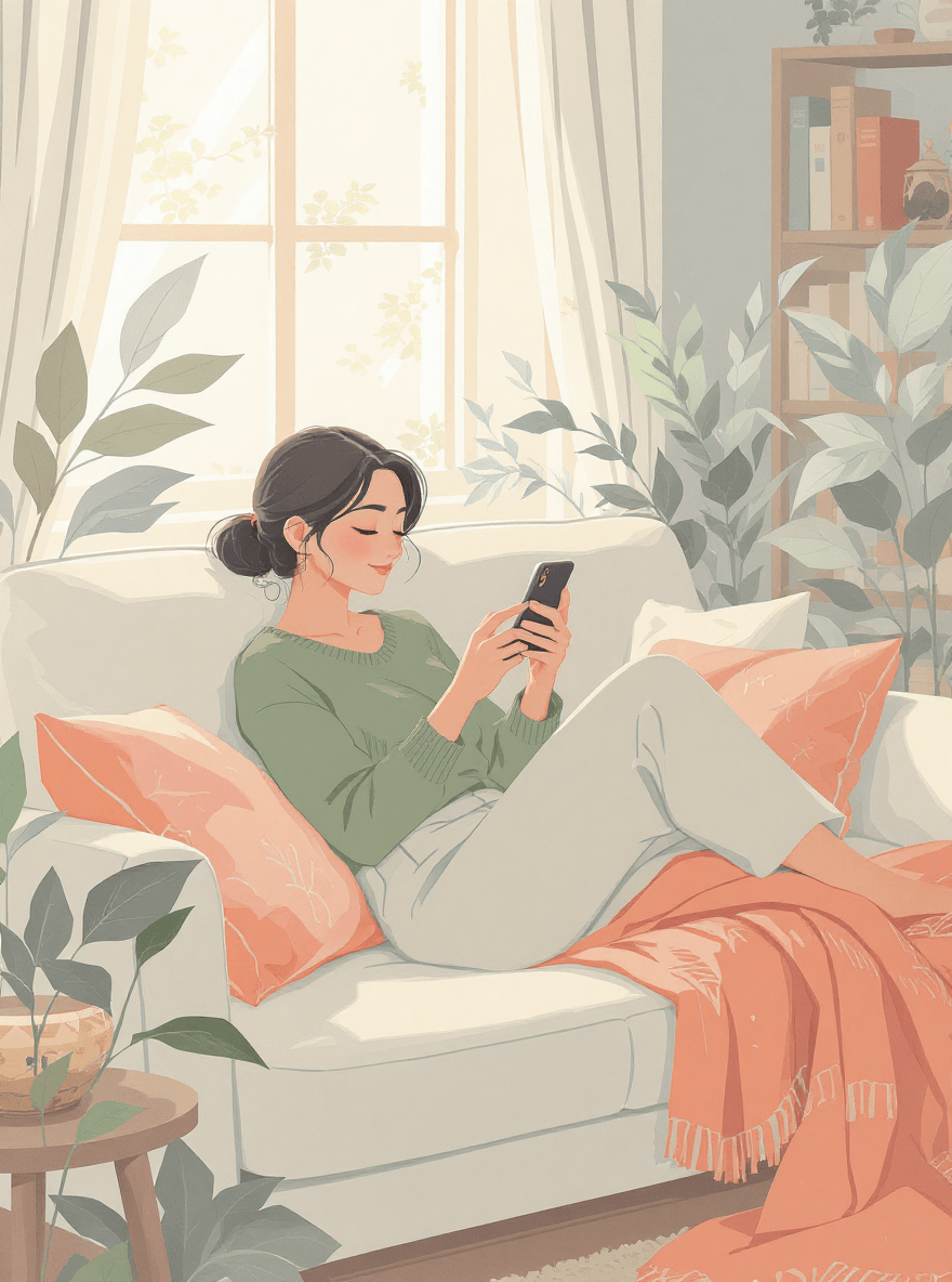 Illustration of a young woman sitting on a sofa using her phone, introducing beginners to AI basics in a casual, friendly style