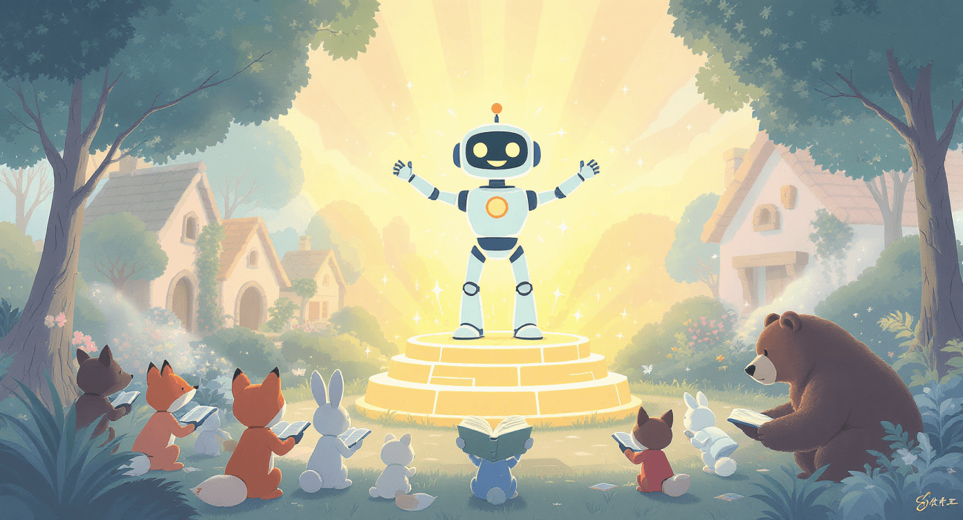 Cartoon forest animals treating an AI robot like a wise guru, symbolising people blindly copying AI outputs without thinking.