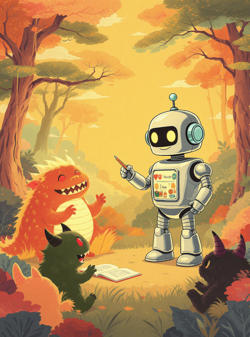 Robot therapist transforming scary tax monsters into friendly creatures - AI prompting for reducing customer anxiety