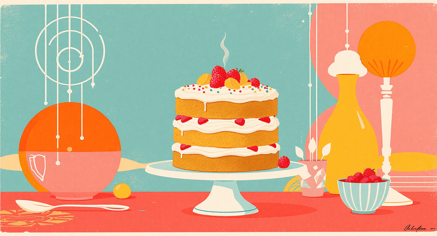 Cartoon-style image of a glorious Victoria sponge cake on a kitchen counter, symbolising an AI agent that not only gives instructions but actually does the work — representing hands-on AI collaboration and automation.