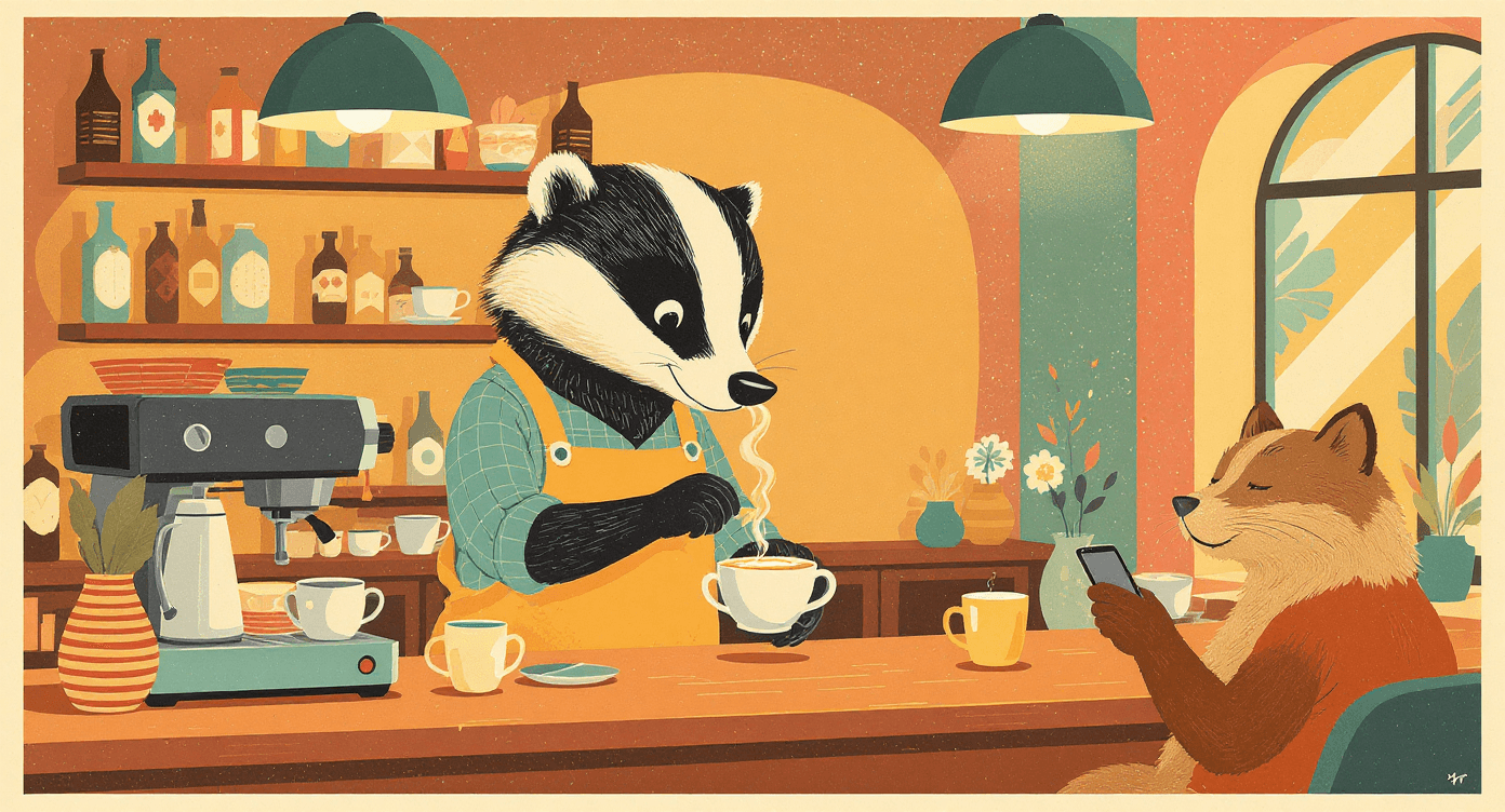 Whimsical cartoon robot multitasking as a barista, showing how AI agents plan, act, and complete tasks automatically.