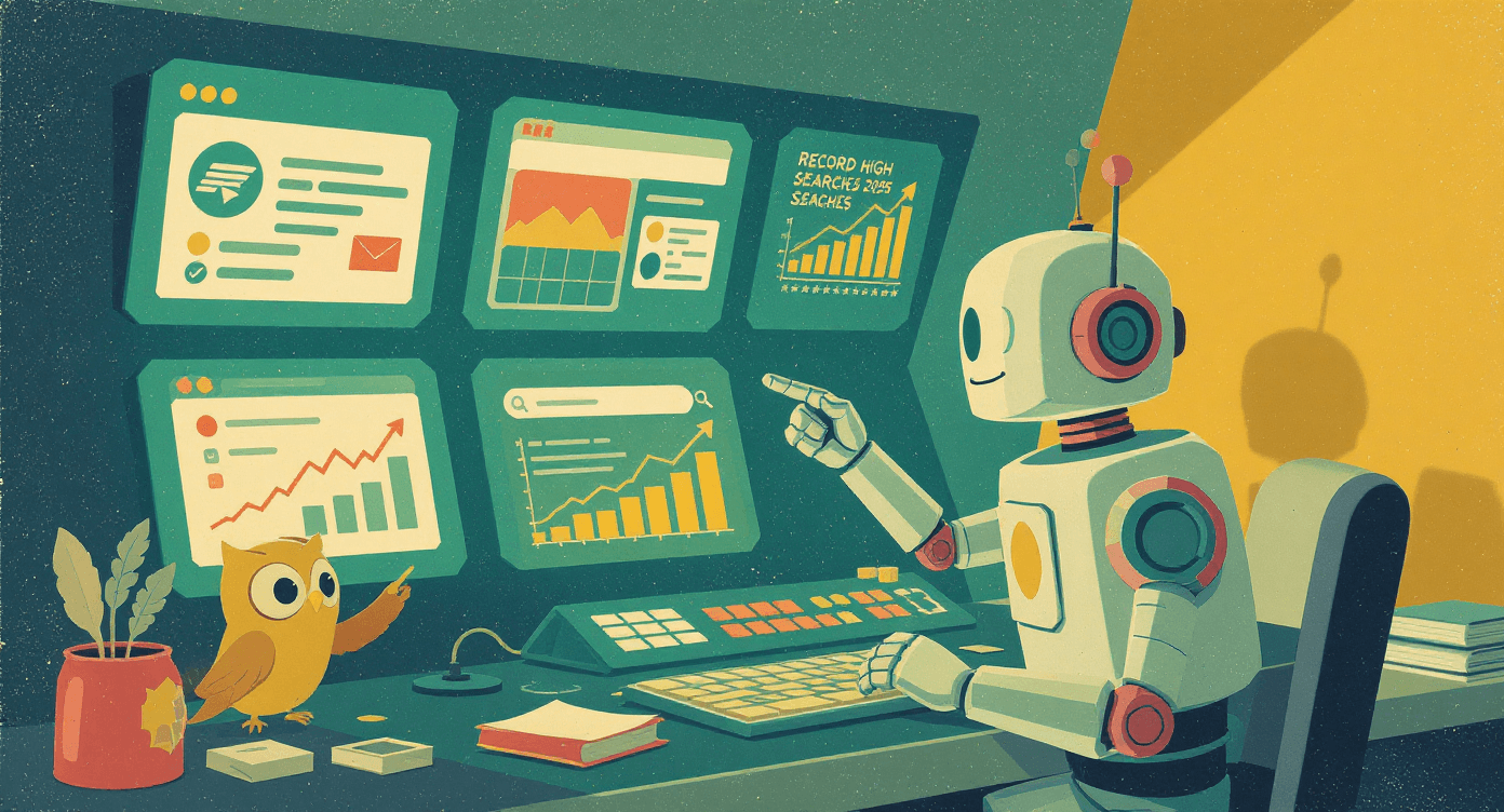 Cartoon robot monitoring glowing screens and data graphs showing record 2025 interest in AI agents, representing their growing usefulness.