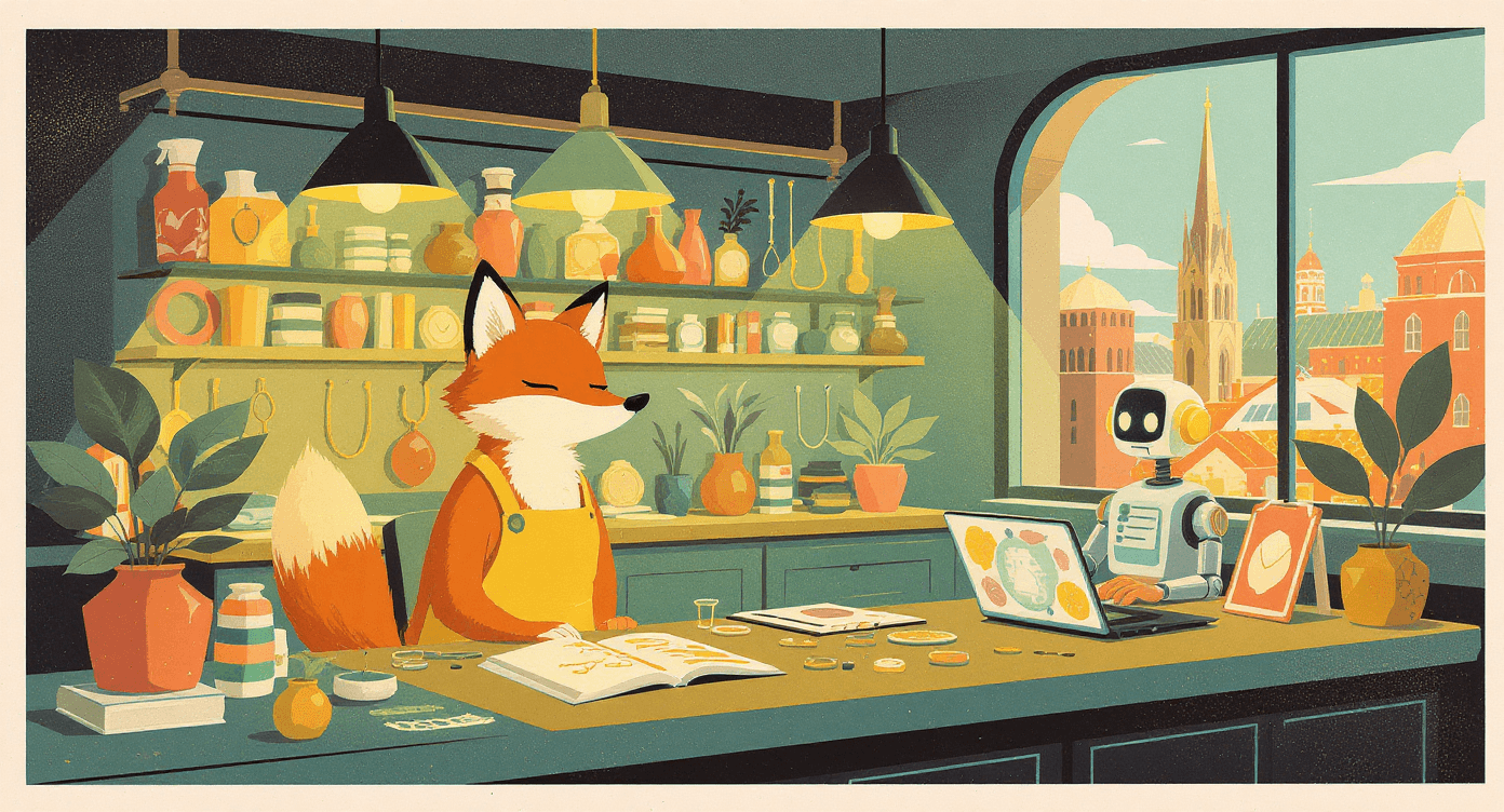 Cartoon scene of jewellery maker working creatively while AI agent manages online shop tasks in background, showing collaboration between humans and AI.