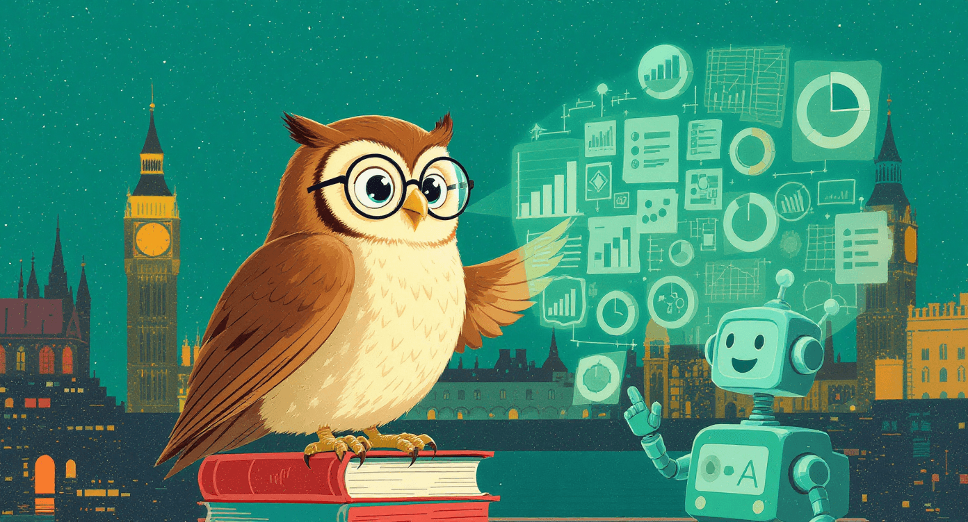Cartoon owl consultant analysing holographic data with a robot assistant, showing how AI agents help freelancers research faster and smarter.