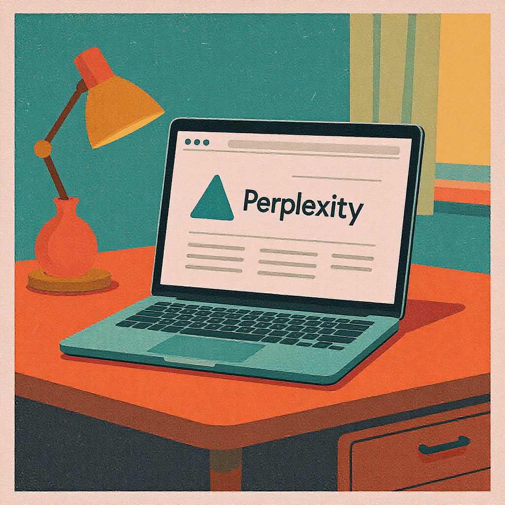 Laptop on a table displaying Perplexity AI, symbolising research automation and intelligent information gathering for freelancers.