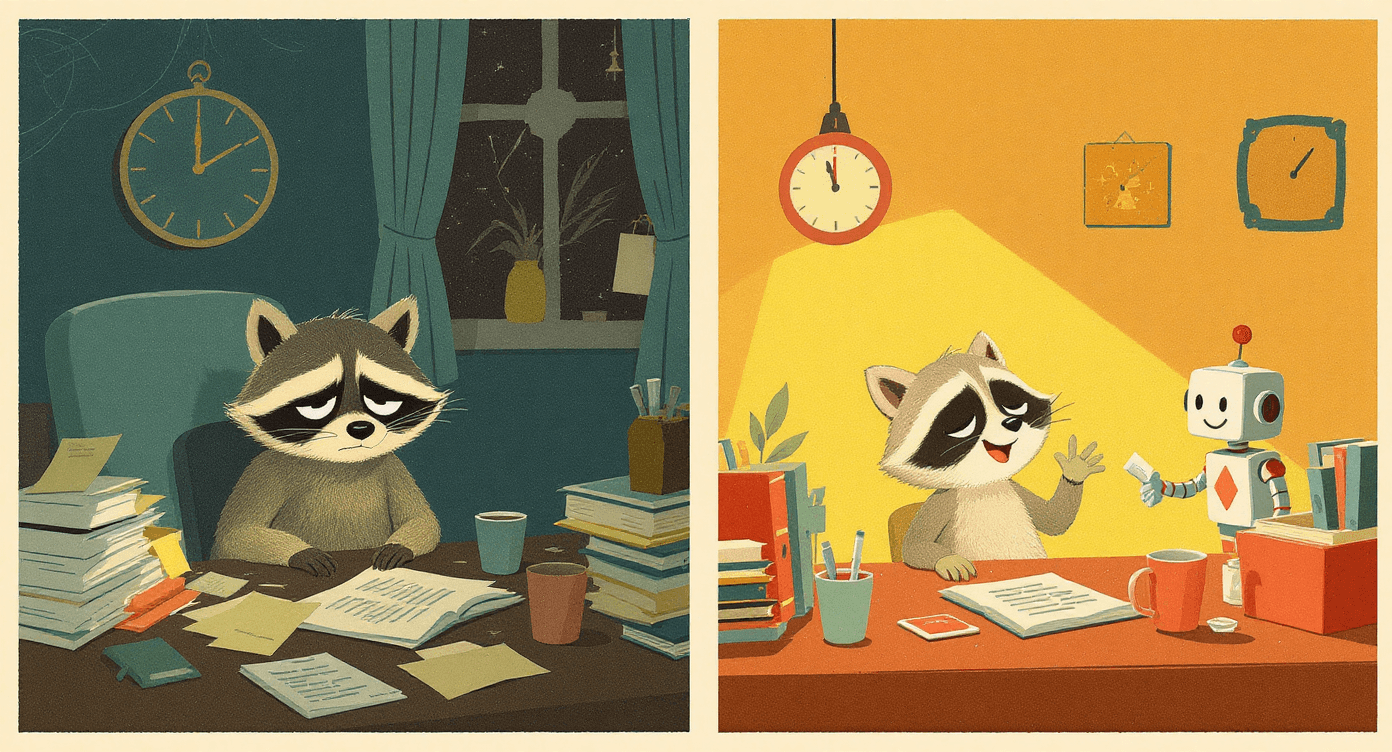 Two cartoon cats presenting slides to an audience — illustrating how teams use AI presentation tools like Gamma for better collaboration.