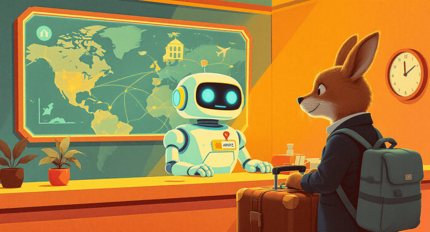 Cartoon robot travel agent planning a client’s business trip with digital tools, representing AI agents autonomously managing travel logistics.