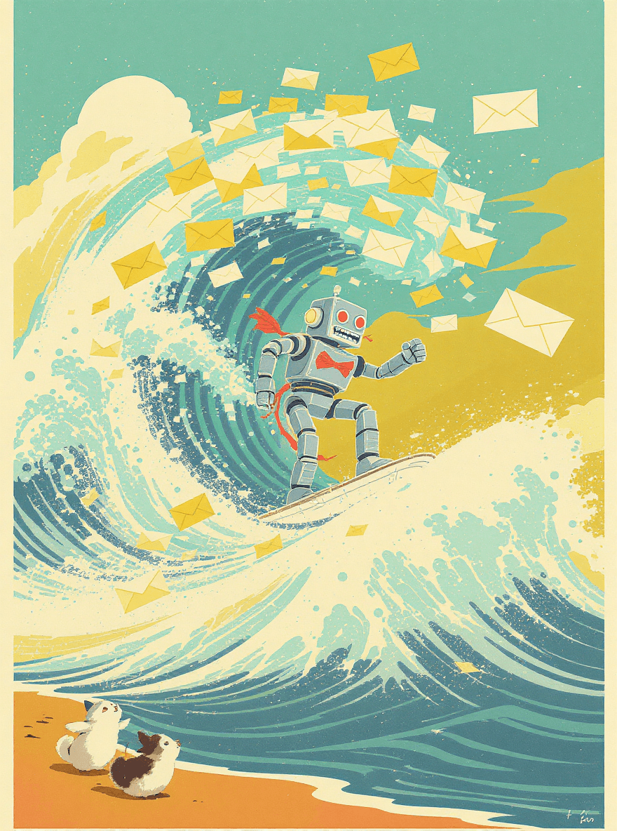 Cartoon robot surfing a wave of emails into order, representing AI agents turning inbox chaos into calm productivity.