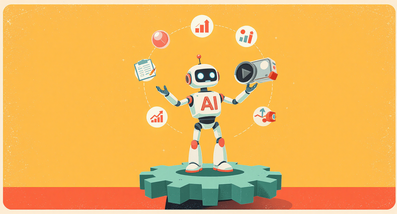 Cartoon AI robot juggling icons for multiple business functions, illustrating AI agents multitasking across content, data, and customer management.