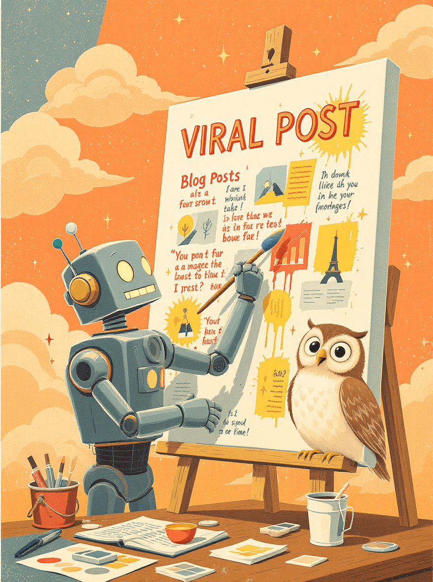 Cartoon robot artist crafting colourful content on a digital canvas, representing AI agents generating creative, brand-friendly material.