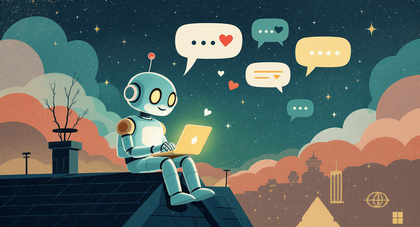 Cartoon robot managing social media posts and engagement, representing AI agents scheduling and responding across platforms efficiently.